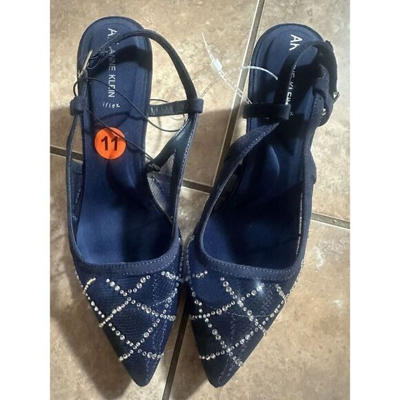AK Anne Klein 11 Kitten Heels Sandals Shoes Navy Mesh Rhinestones - Picture 2 of 4